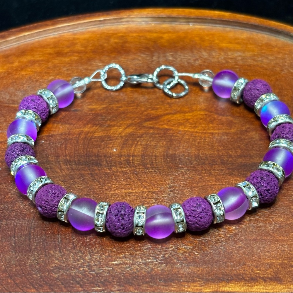 Beautiful handmade purple lava stone & mermaid glass beaded bracelet
